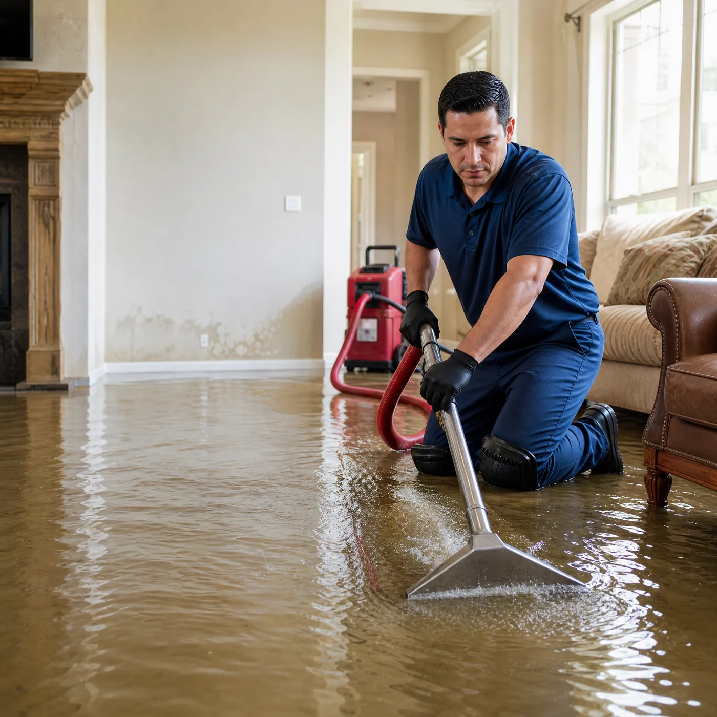 Technician using water extraction equipment in a flooded room