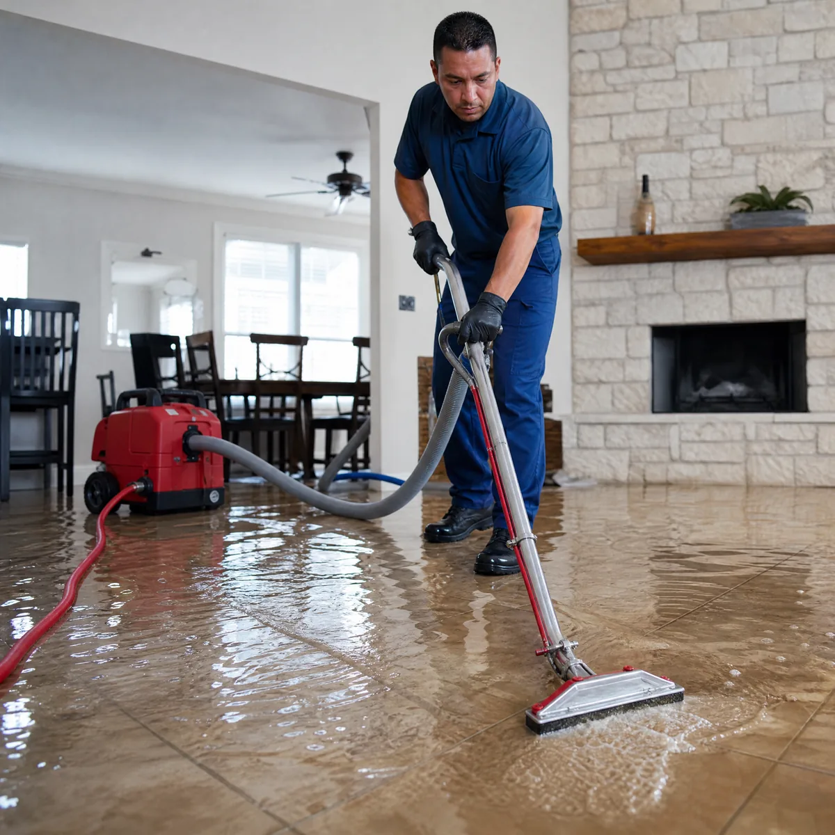 Technician using water extraction equipment in a flooded room